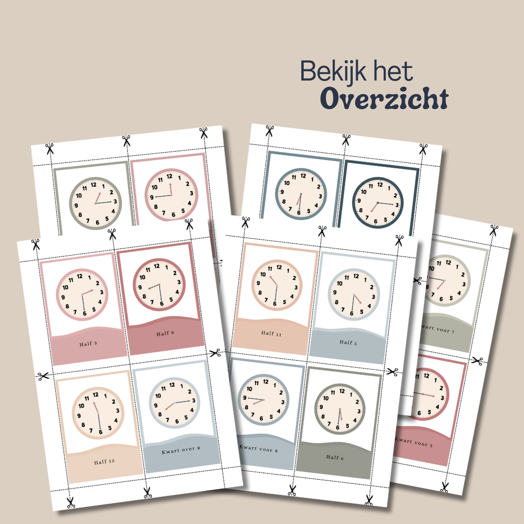 Klokkijken, leren klokkijken, flashcards, peuter, kleuter, kinderen, lesmaterialen, montessori, educatief