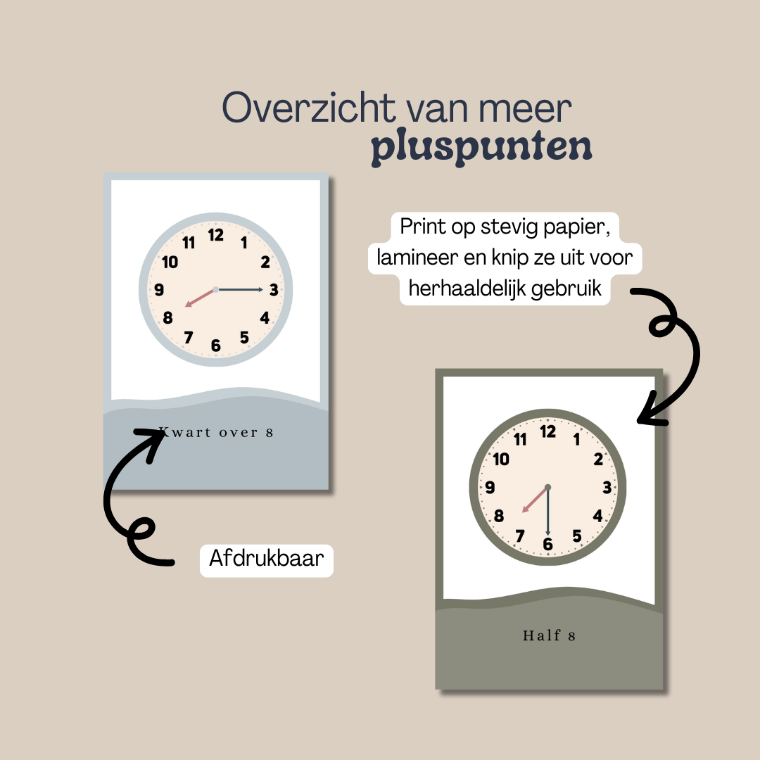 Klokkijken, leren klokkijken, flashcards, peuter, kleuter, kinderen, lesmaterialen, montessori, educatief