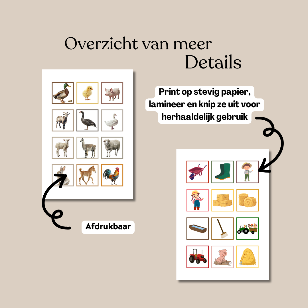 Memory boerderij, spel, montessori, educatief, peuter, kleuter, werkbladen, werkboeken, activiteiten