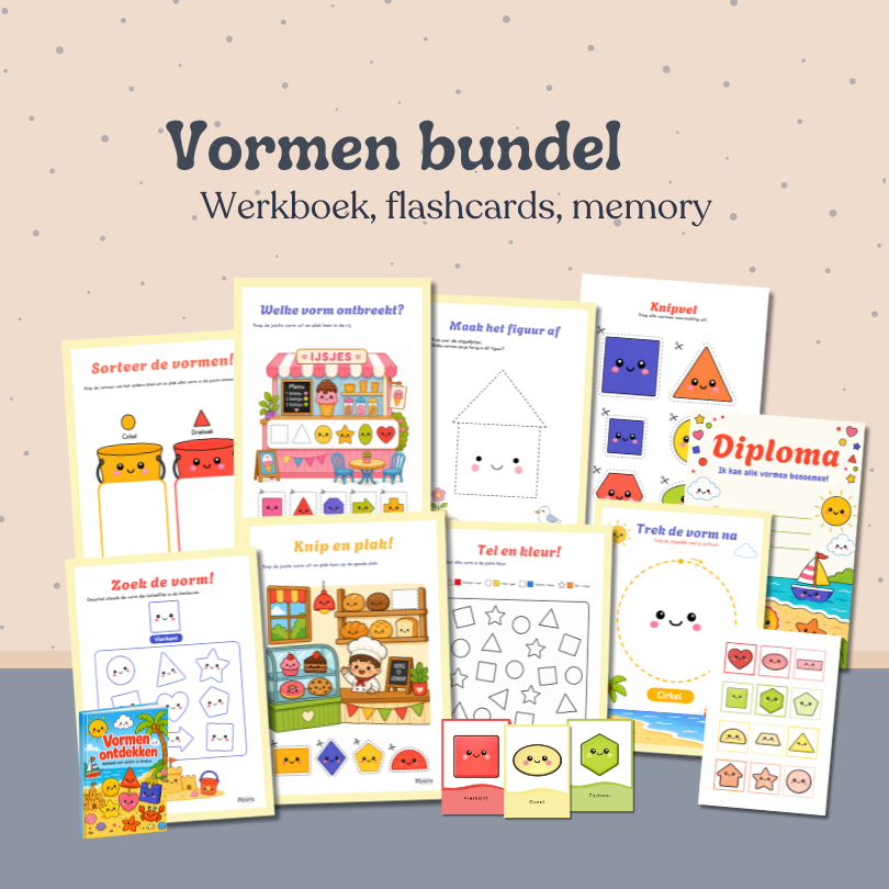 Vormen bundel werkboek voor peuters en kleuters, vormen herkenning, leren, ontdekken, fijne motoriek, montessori